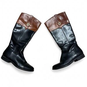 Tommy Hilfiger Shano Black Faux Leather Riding Boots with Brown Cuffs